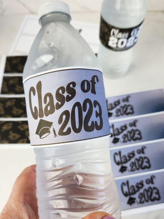 graduation water bottle label with blue gradient background