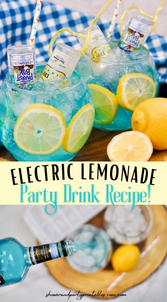 electric lemonade drink in fish bowl with small alcohol bottles sticking in upside down